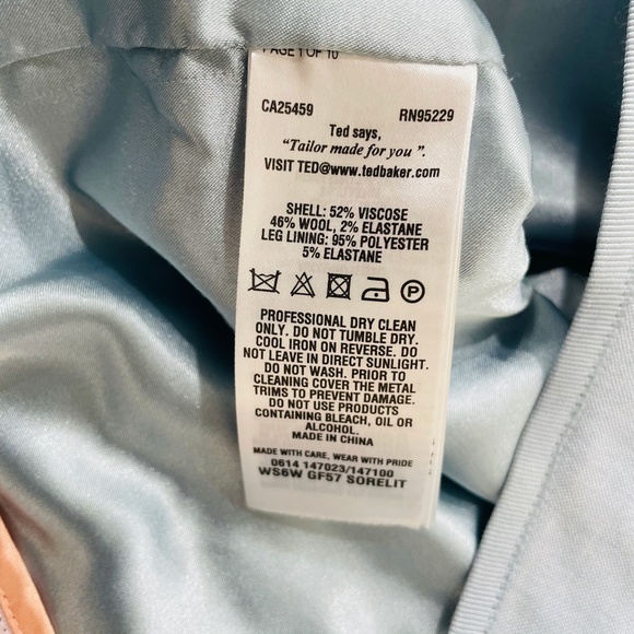 TED BAKER {S} Pants Baby Blue Flat Front Trousers - Picture 12 of 16